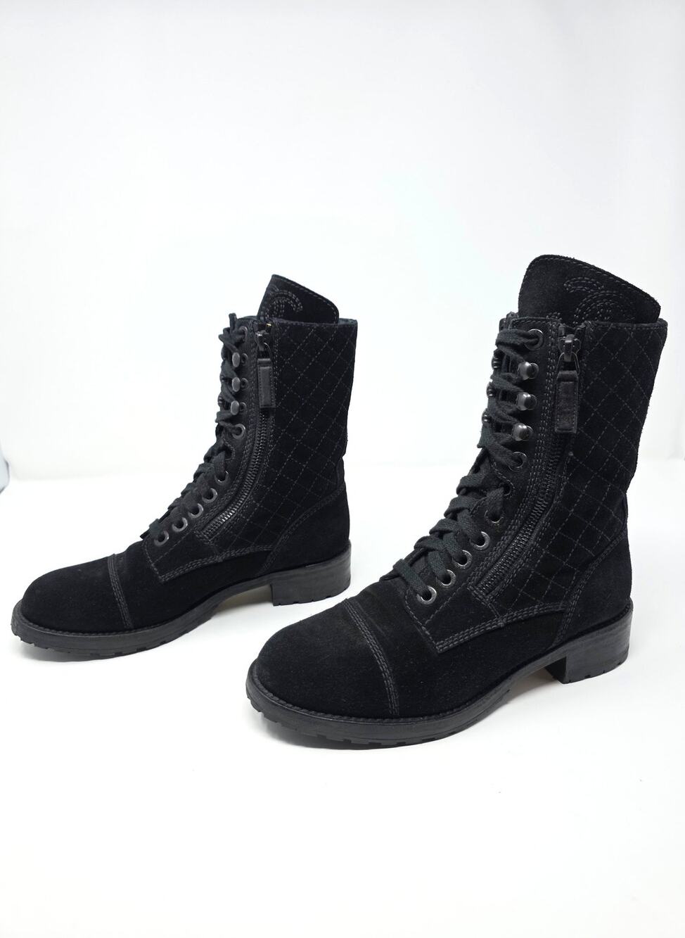 Chanel Ankle Quilted Suede Combat Boots Moto Lace Up CC Logo Black 37 US 6.5